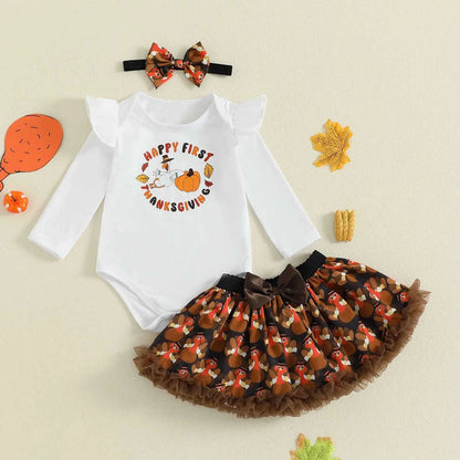Adorable Baby Girls 3-Piece Thanksgiving Ensemble with Long Sleeve Romper Mini Skirt and Headband - Fall Fashion Set