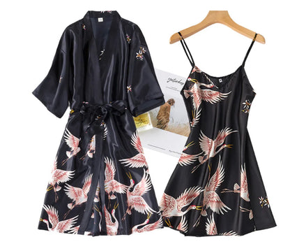 Sexy Nightwear Gown Set Women 2PC Pyjama V-Neck Pajamas Silky Sleepwear Spring Lady Sleep Suit Robe Wear Home Negligee Homewear