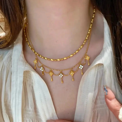 999 24K real gold water drop fringed four-leaf clover necklace for women diamond retro princess brushed clavicle chain for women - AMULET RING STORE