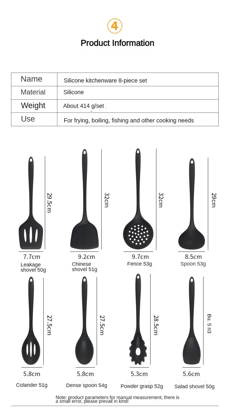 8ps Household black Silicone kitchenware 8-piece set of Chinese spaghetti spoon salad spaghetti spaghetti spaghetti，Rice spoon，