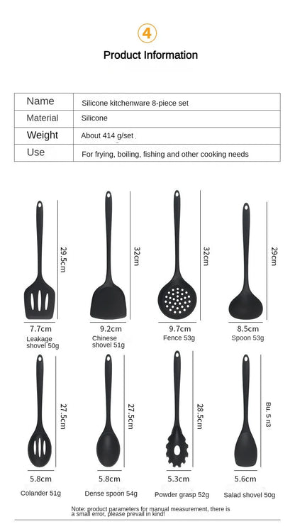 8ps Household black Silicone kitchenware 8-piece set of Chinese spaghetti spoon salad spaghetti spaghetti spaghetti，Rice spoon，