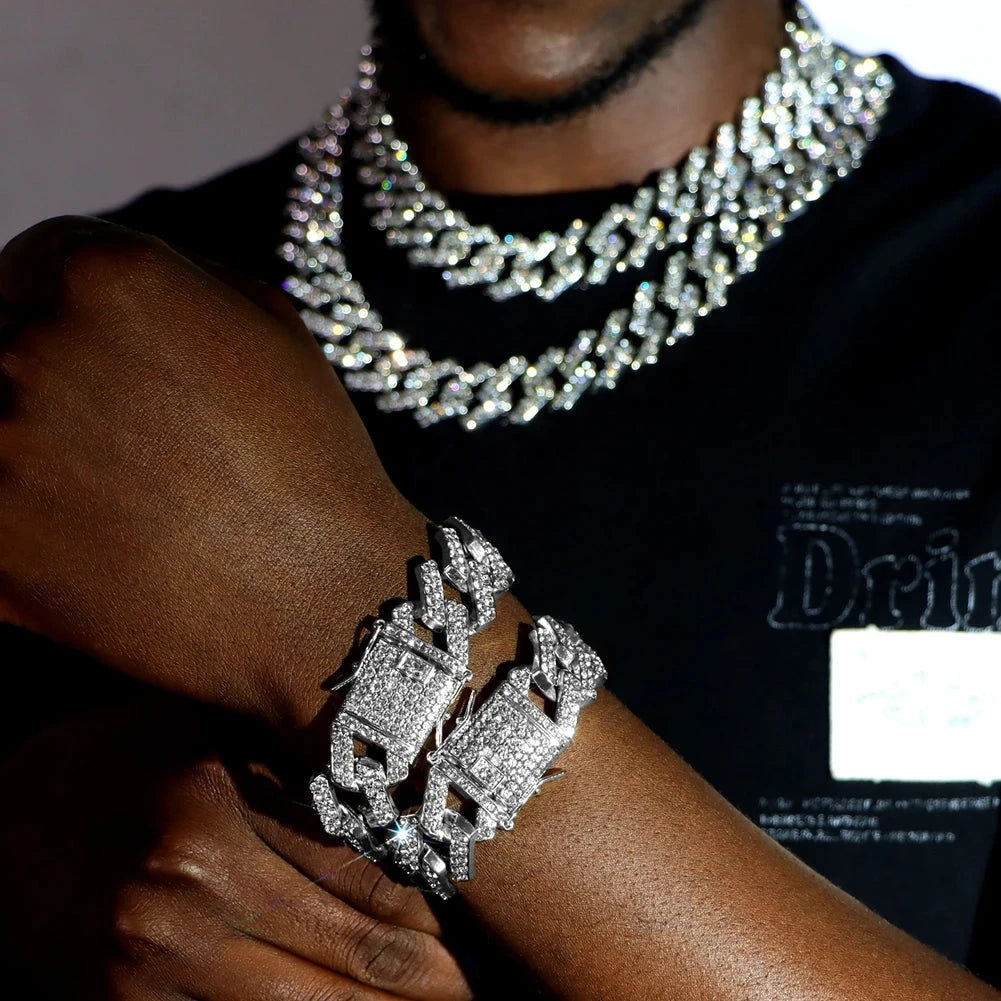 Iced Out Bling AAA Rhinestones Prong Cuban Link Chain Men's Necklace 2 Row Crystal Curb Cuban Chain Hip Hop Jewelry 13/14/20MM - AMULET RING STORE