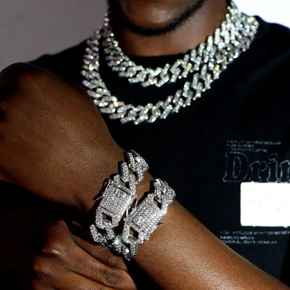 Iced Out Bling AAA Rhinestones Prong Cuban Link Chain Men's Necklace 2 Row Crystal Curb Cuban Chain Hip Hop Jewelry 13/14/20MM - AMULET RING STORE