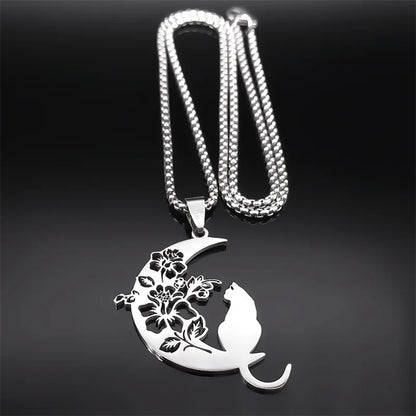 Aesthetic Cat Flower Moon Crescent Necklace for Women Men Stainless Steel Silver Color Bohemia Chain Gift Jewelry collar 3220
