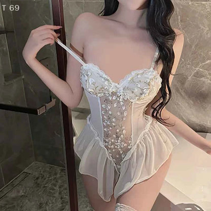 Sexy Deep V Flower Vine Open Crotch Bodysuit Suspender Embroidery Ballet Nightdress Slim Gathered Mesh Bodycon