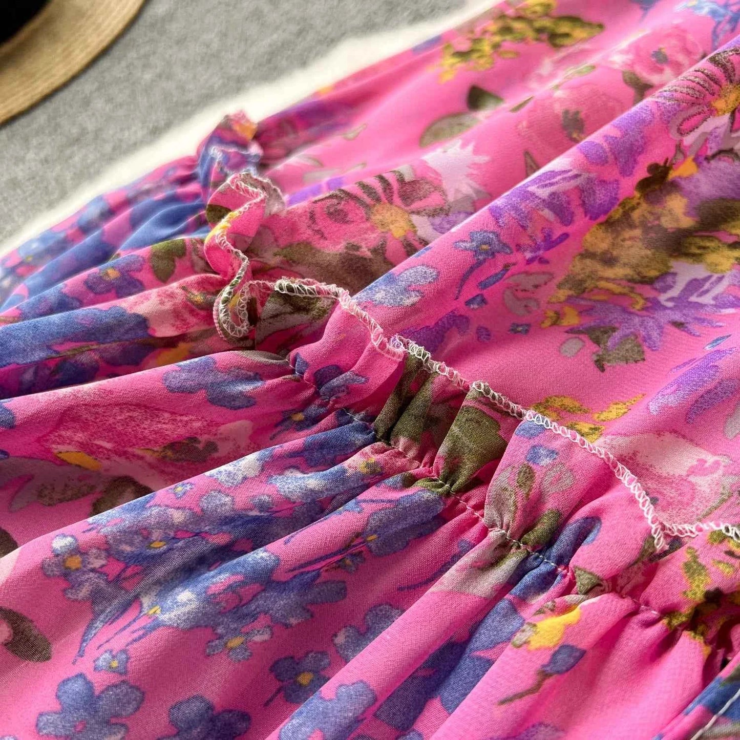 2026 Romantic Floral Print Chiffon Long Sleeve Dress Women Sexy V-neck A Line Beach Vestidos Elegant Elastic Waist Party Dress