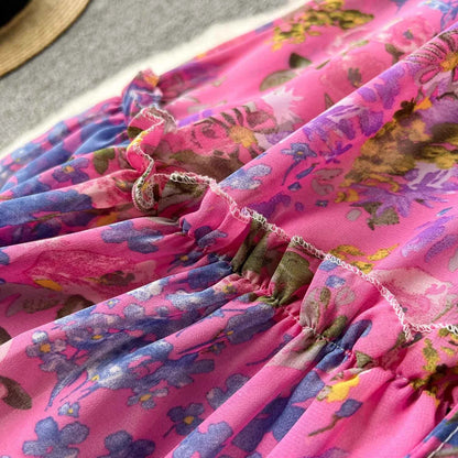 2026 Romantic Floral Print Chiffon Long Sleeve Dress Women Sexy V-neck A Line Beach Vestidos Elegant Elastic Waist Party Dress