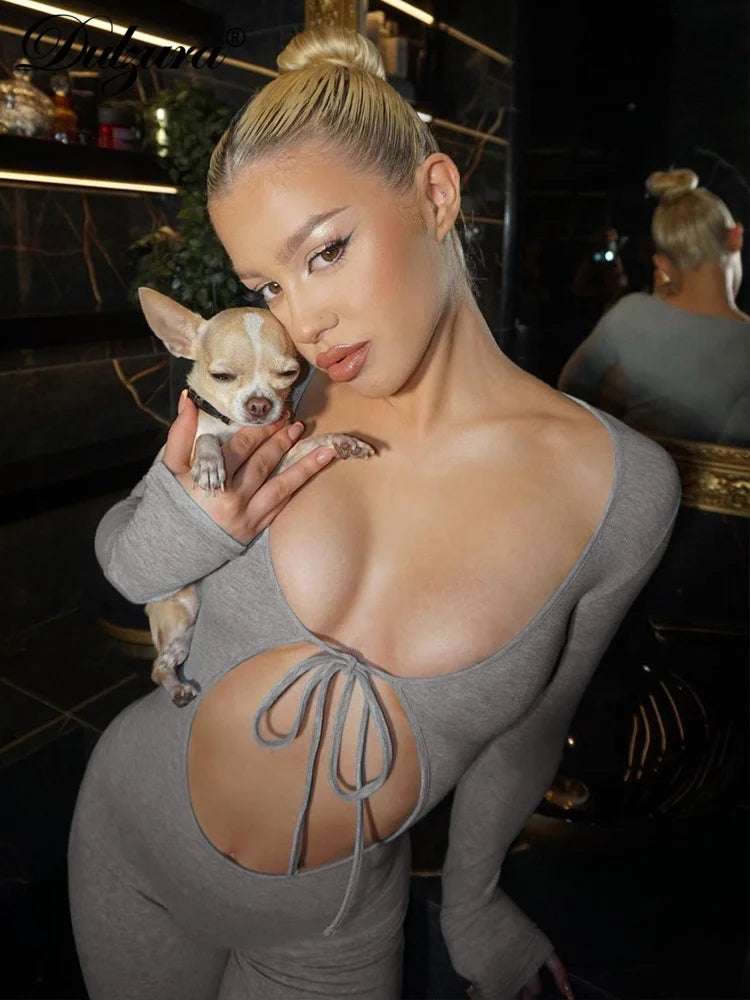 Dulzura Solid Pure Hole Hollow Out Straps Lace-Up Jumpsuit Long Sleeves 2023 Summer Autumn For Women Sexy Streetwear Wholesale - AMULET RING STORE