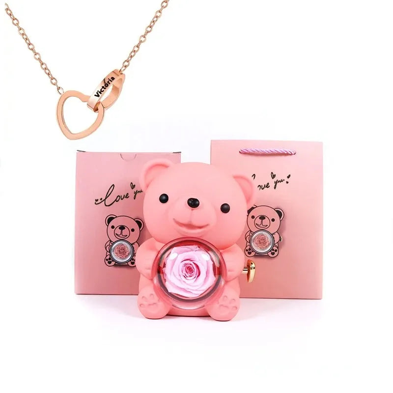 Eternal Rose Teddy Bear Jewelry Box with Custom Name Necklace Valentine Wedding Special Present for Girlfriend Anniversary gift - AMULET RING STORE
