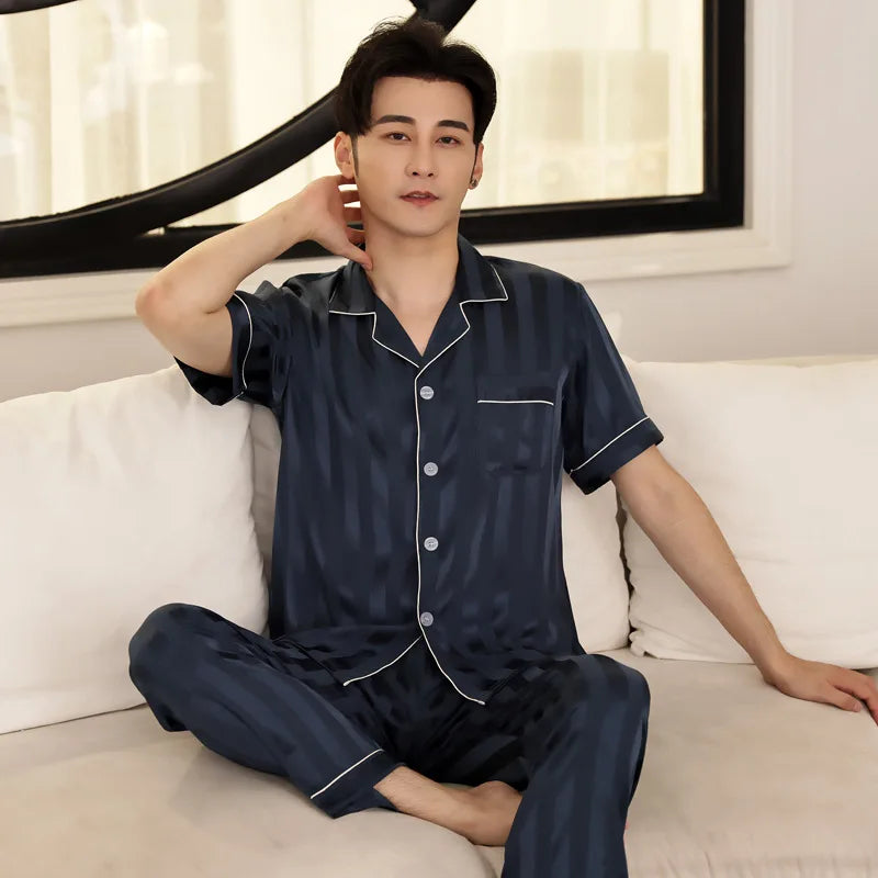 High Quality Pajamas Set Men Spring Autumn Thin Polyester Ice Silk Long-sleeved Sleepwear Plus Size Summer Home Clothes Male