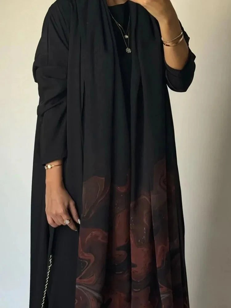 Middle Eastern Loose Open Front Abaya Muslim Women Full Sleeve Printed Abayas Turkey Kaftans Jilbabs Islamic Maxi Dresses - AMULET RING STORE