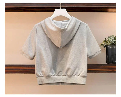 Womens T Shirts Sets Fashion Short Hooded Sports Casual Suits 2024 Summer Trend Slim Short Sleeve Tops Sweatpants Two Piece Set - AMULET RING STORE