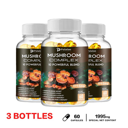 Mushroom Complex Capsules - with Lions Mane, Chaga, Reishi, Cordyceps - Support Immune System, Memory, Focus and Relieve Stress