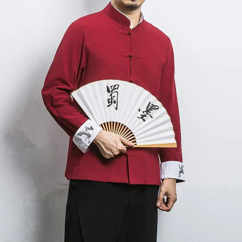 New Crane Embroidery Top Traditional Chinese Clothing for Men Vintage Half Sleeve Linen Shirts Solid Madarin Collar Hanfu Kungfu