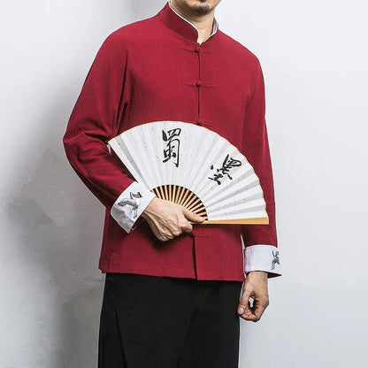 New Crane Embroidery Top Traditional Chinese Clothing for Men Vintage Half Sleeve Linen Shirts Solid Madarin Collar Hanfu Kungfu