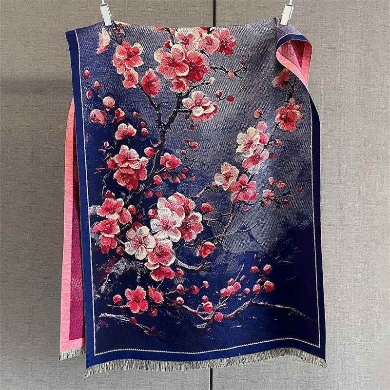 65*190cm Winter Warm Women Scarf Double-Sided Flower Faux Cashmere Scarves Luxury Wrap Shawls High-Quality Pashmina - AMULET RING STORE