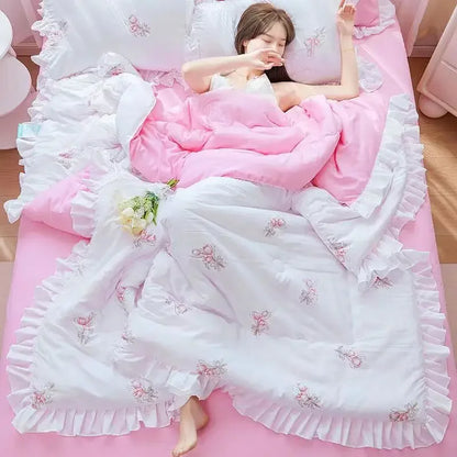 1/3Pc Korean Princess Ruffles Flowers Embroidery Summer Quilt Bedspread on The Bed Quilt Air-conditioning Blanket Bedding Set
