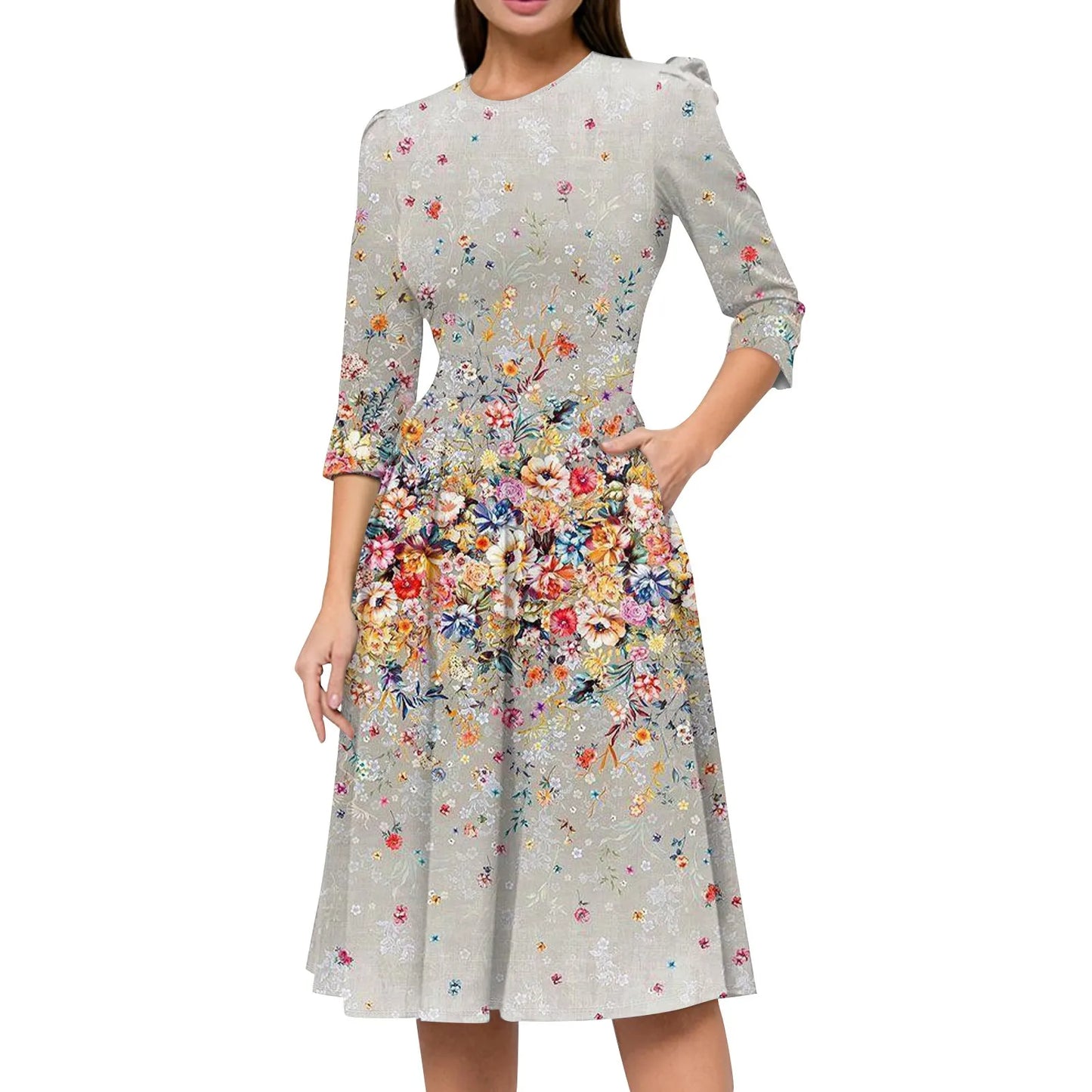 Traf Women 2025 Women'S Casual And Fashionable 3/4 Sleeve Pocket With Back Zipper Dress