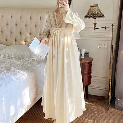 Vintage Embroidery Cotton Long Nightgowns For Lady Lace  Long Sleeve Beige Elegant Nightshirts Comfortable Sexy Night Dress
