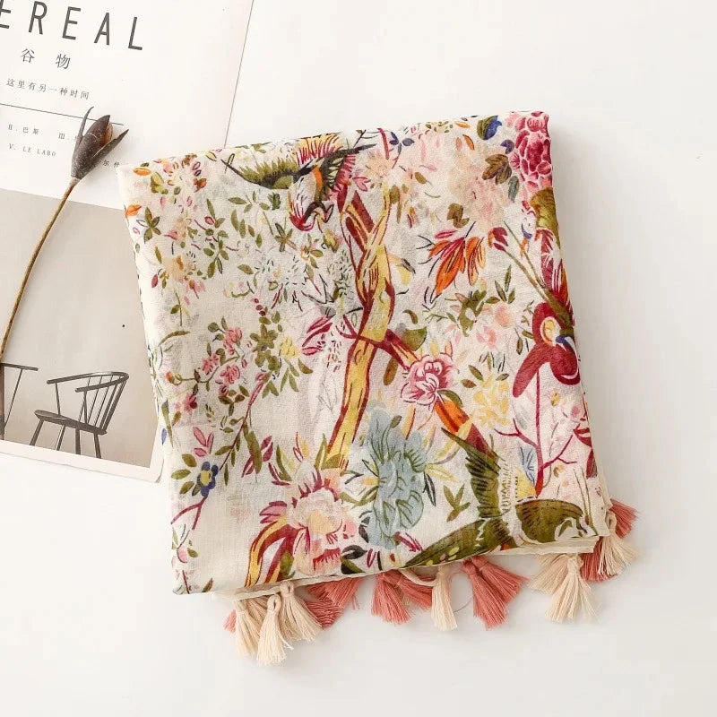 Four Seasons Available Luxury Women Viscose Scarf Designer Shawl Cotton Linen Feeling Tassel Pashmina Muslim Hijab Wrap Floral