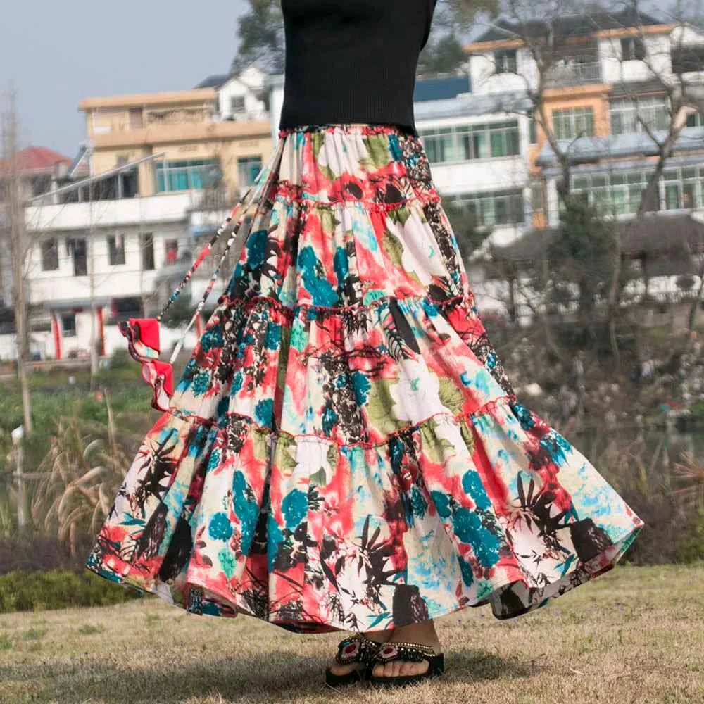 TIYIHAILEY Long Maxi A-line Elastic Waist Women Summer Spring S-2XL Cotton Linen Print Big Hem Vintage Skirts 2025