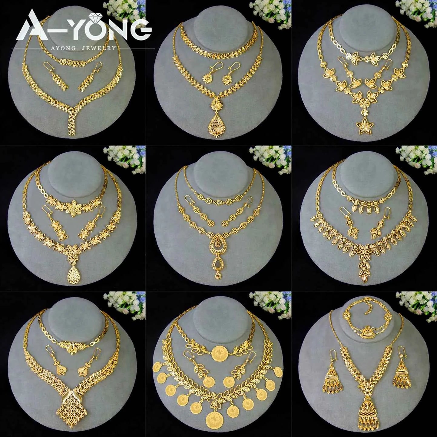 Luxury Dubai Wedding Jewelry Set 21k Gold Plated Arab Bridal Gold Necklace Bracelet Earrings Brazilian Women Vintage Jewelrys
