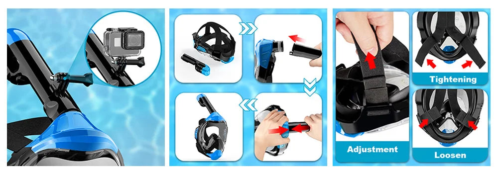 Full Face Snorkel Mask with Latest Dry Top Breathing System Detachable Camera Mount for Adults Panoramic View Anti-Leak Anti-Fog - AMULET RING STORE