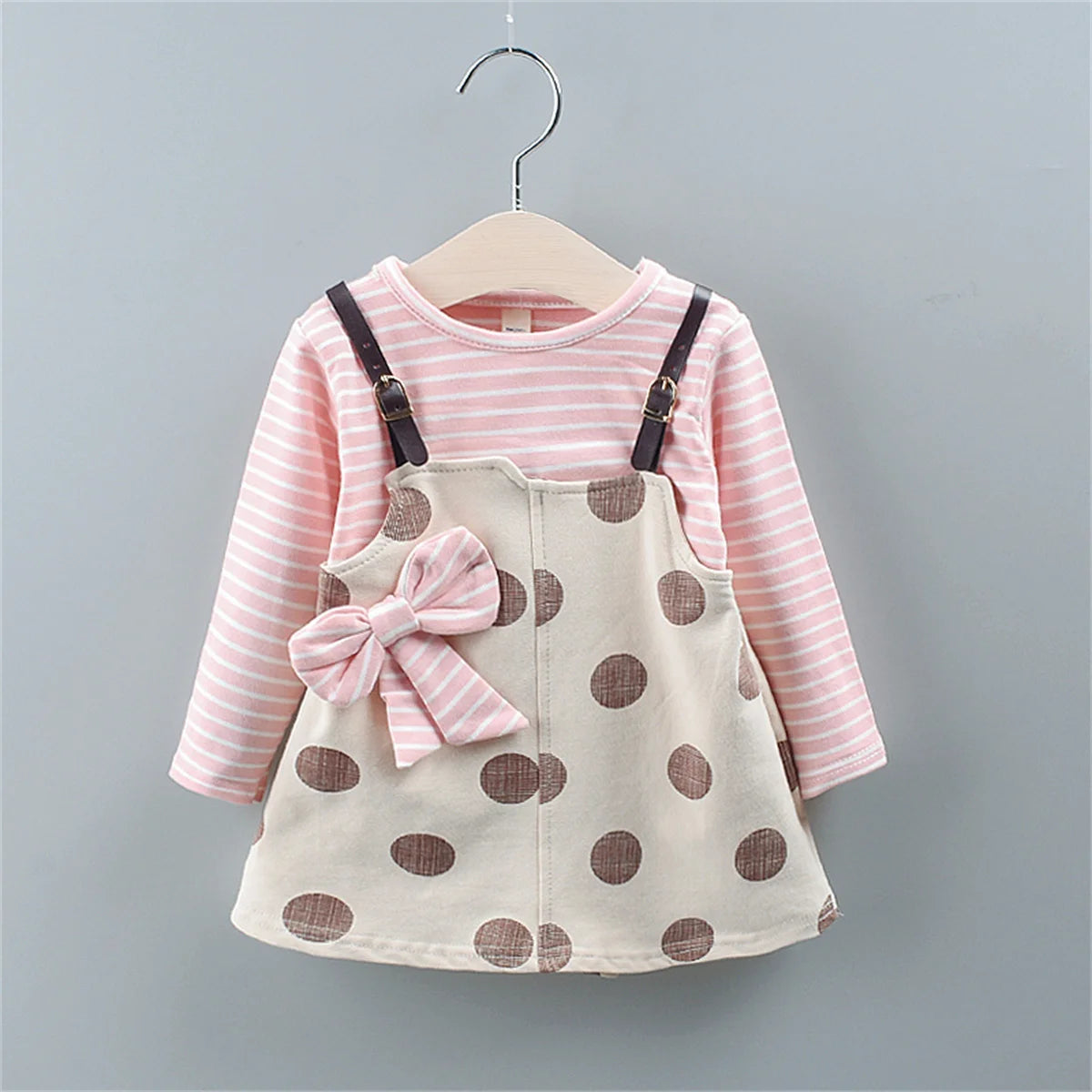 Spot Girls Dress Autumn Children Wear New Fashion Polka Dot Print Bow Long Sleeve Fake Two-piece Children's Skirt - AMULET RING STORE
