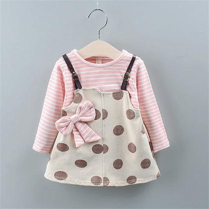 Spot Girls Dress Autumn Children Wear New Fashion Polka Dot Print Bow Long Sleeve Fake Two-piece Children's Skirt - AMULET RING STORE