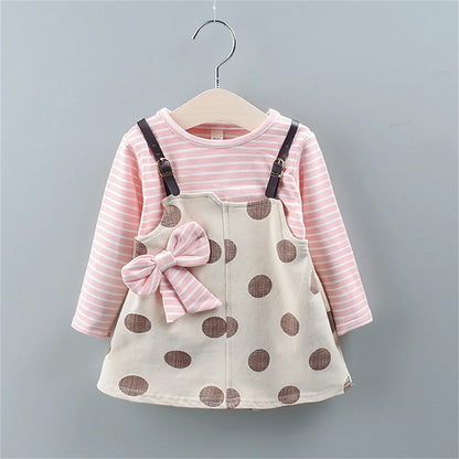 Spot Girls Dress Autumn Children Wear New Fashion Polka Dot Print Bow Long Sleeve Fake Two-piece Children's Skirt - AMULET RING STORE