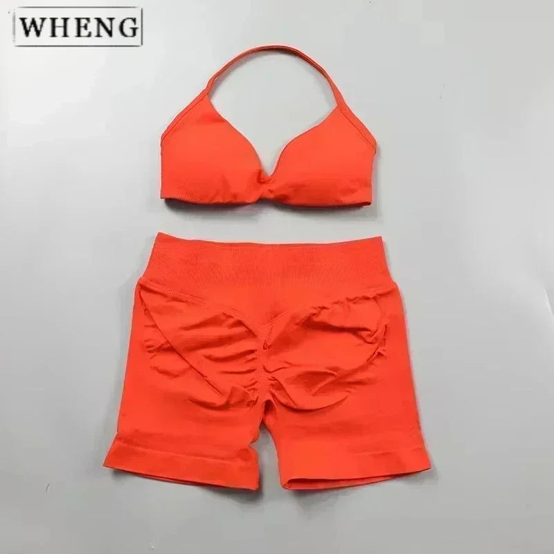WHENG 2PCS Yoga Fitness Suit Women's Seamless Lace-Up Yoga Bra Top High Waist Workout Scratch Shorts Sports Suit Fitness Suit