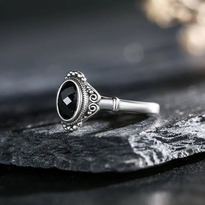 Soild S925 Silver Ring Natural Black Spinel Oval Gemstone Vintage Floral Adjustable Bands Handmade Boho Jewelry Gifts - AMULET RING STORE