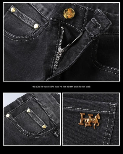H Home Autumn/Winter Thickened European Style High-End Jeans Men's Trendy Brand Slims Smooths Your Silhouette Small Footed Trend