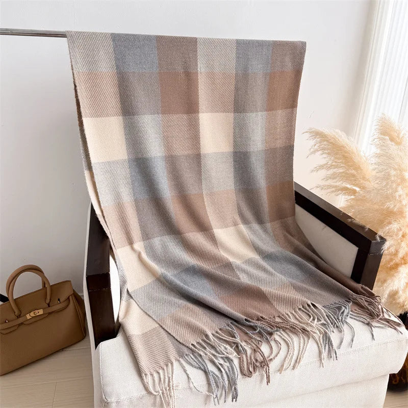 Plaid Imitation Cashmere Blanket Winter Women Scarf Designer Thick Warm Pashmina Shawl Wraps Tassel Poncho Stoles Echarpe Unisex