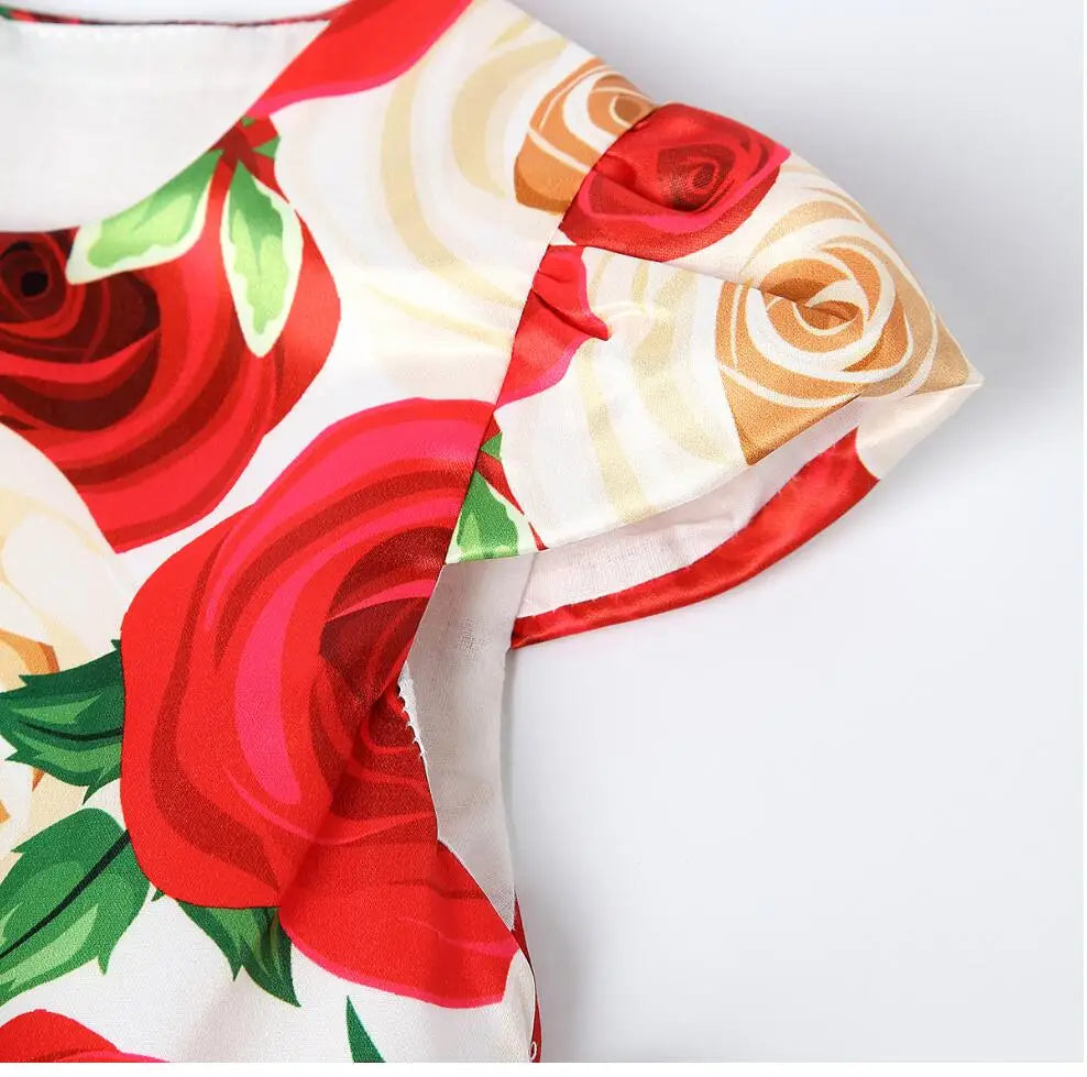 Summer Girls Rose Print Dress Princess Wedding Birthday Party Frocks Satin Children Vestidos Dresses For Girl Christmas Clothing