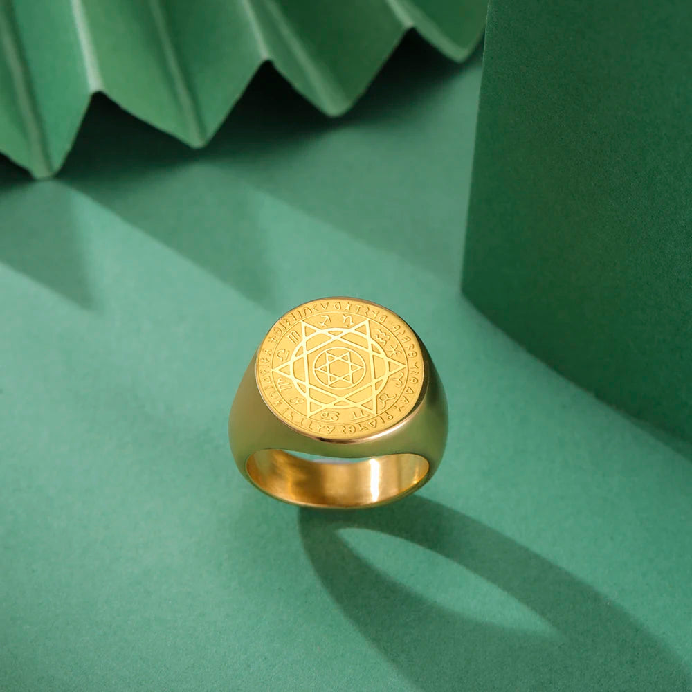 Dawapara Talisman Seal Solomon Ring Hexagram 12 Constellation Kabbalah Prosperity Good Health Amulet Stainless Steel Jewelry - AMULET RING STORE
