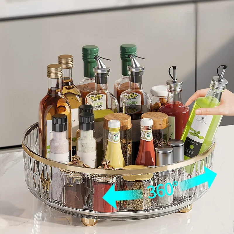 360° Rotating Condiment Rack Multi-functional Kitchen Condiment Round Storage Rack Plastic Transparent Fruit Bowl Container - AMULET RING STORE