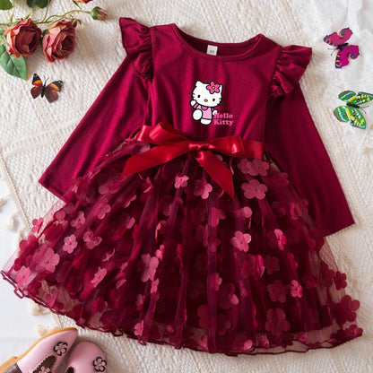Hello Kitty Autumn Dress for Kid's Casual Clothes 3D Butterfly Cute Long Sleeve Baby Girls Princess Dress Party Dresses 2-6 Yrs