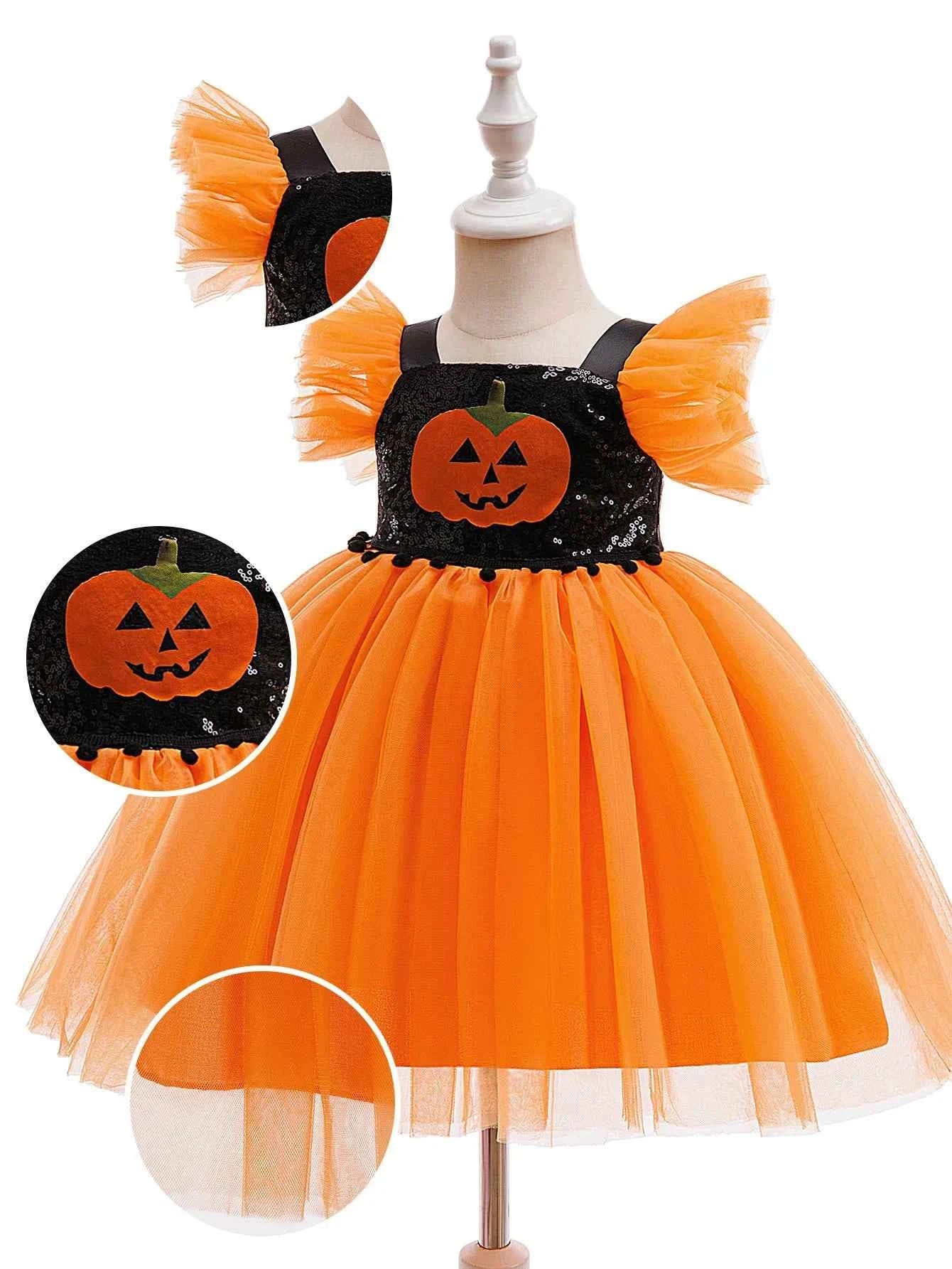 Baby Girl Halloween Costume 0-3 Yrs Little Girl Fantasy Dress Children Pumpkin Skeleton Print Fluffy Gown Kids Cute Orange Frock