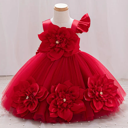 2024 Summer One Shoulder Sequin Fluffy Clothes New Off Shoulder Dress Girl Wedding Dress 0-5 Year Old Baby Girl Dress