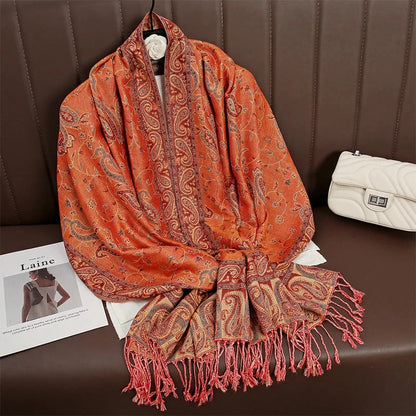 Women National Style Flower Pattern Scarf Jacquard Pashmina Cashmere Tassel Classic Shawl Coldproof Warm Neck Protection