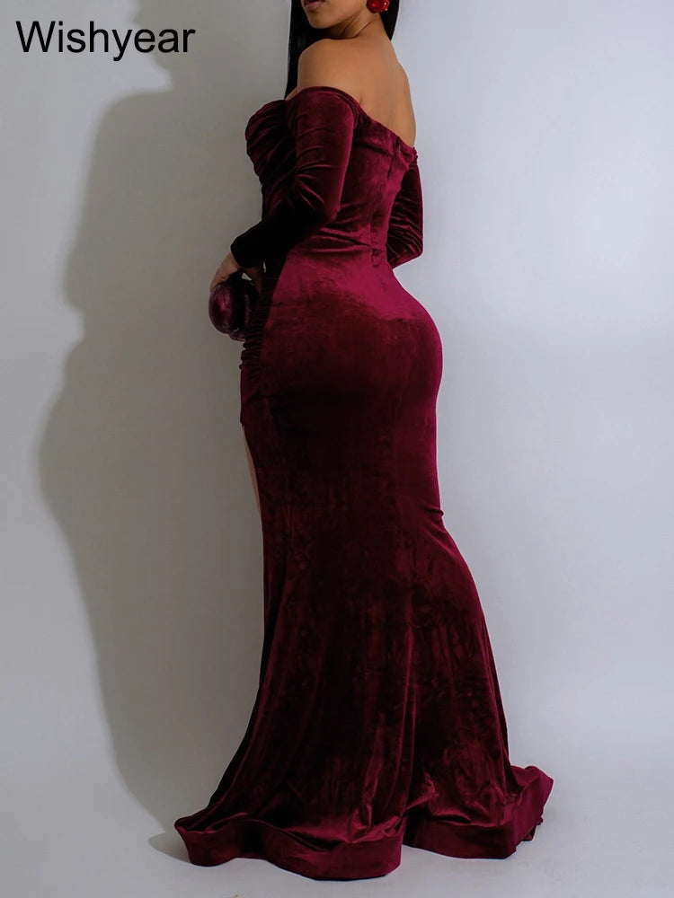 Elegant Women Velvet Off Shoulder Long Sleeve Ruched Split Mermaid Dress Luxury Wedding Evening Birthday Party Festival Vestidos - AMULET RING STORE