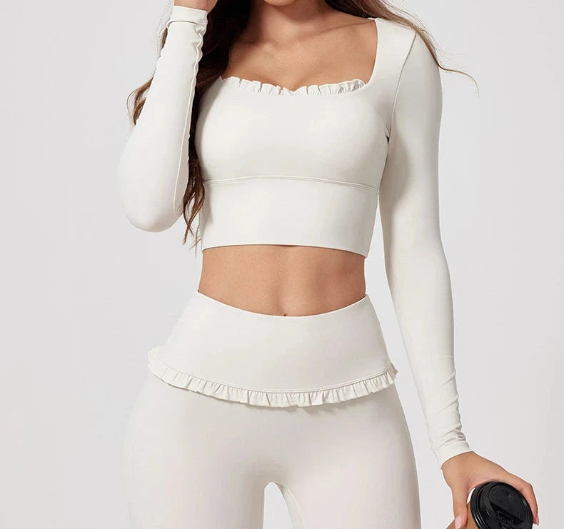 1/2PCS Pad Women Yoga Set Lotus Gym Fitness Long Sleeve Sports Crop Top High Waist Bell Flare Legging Workout Athletic Wear