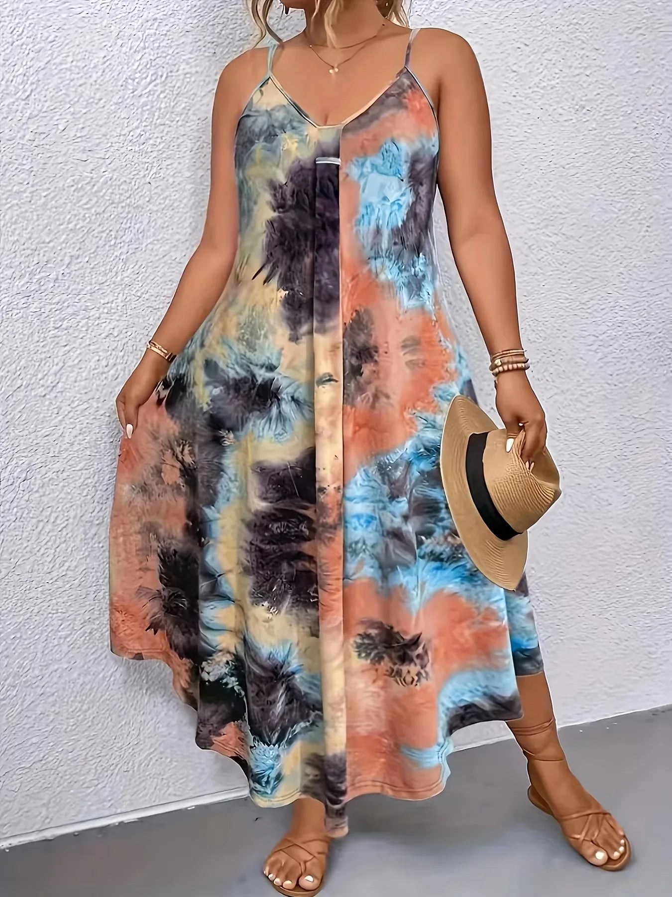 Elegant V-neck sleeveless dress for women in 2025, featuring abstract prints and pleated chest details - Lightweight and machine