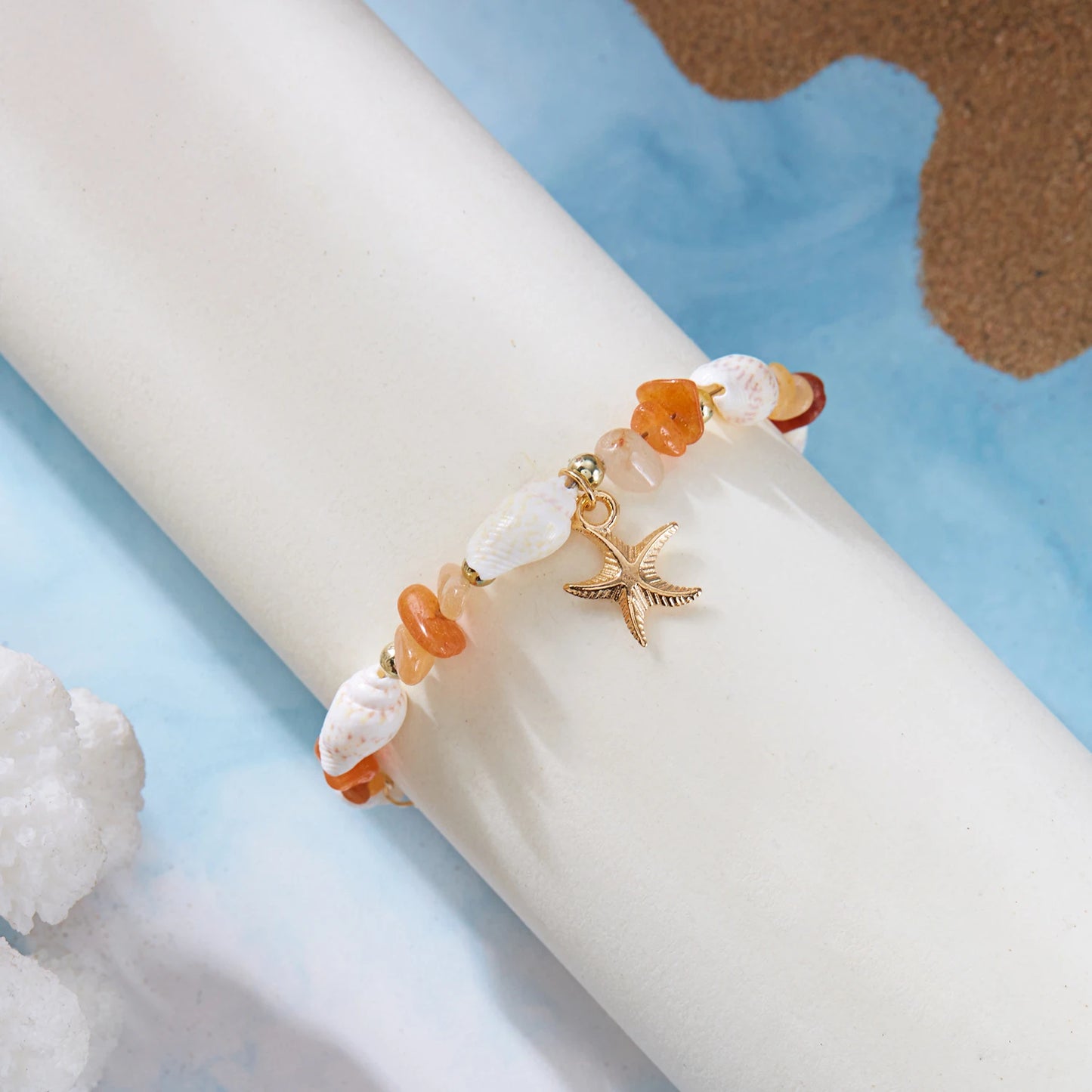Bohemian Starfish Pendant Bracelet for Women Handmade Crushed Stone Beaded Bracelet Summer Beach Jewelry Travel Accessory Gift