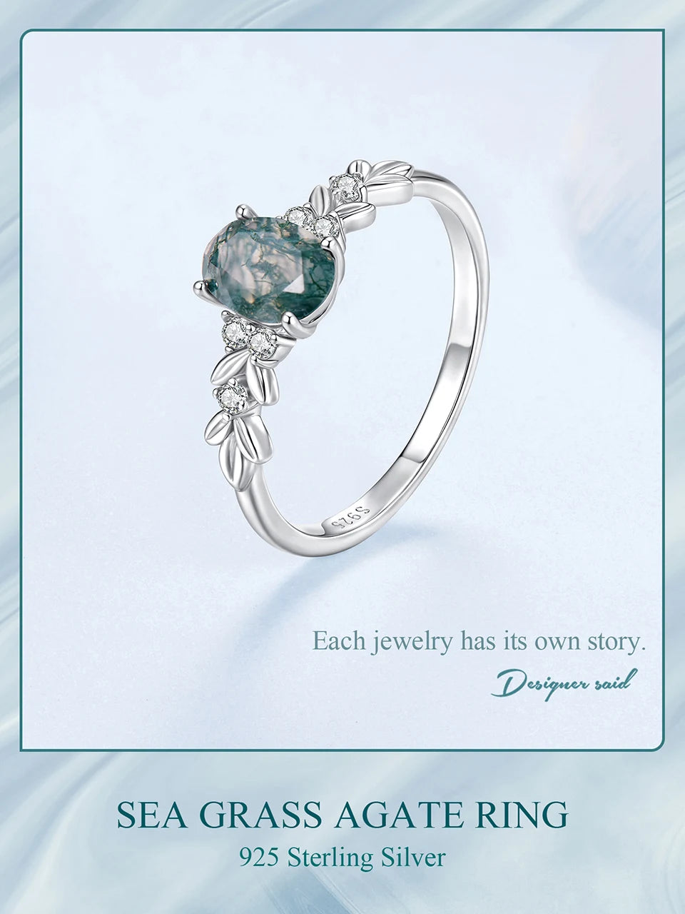 WOSTU Natural Moss Agate Ring For Women  925 Sterling Silver Oval Cut Sea Grass Agate Flower Rings Wedding Party Jewelry Gift