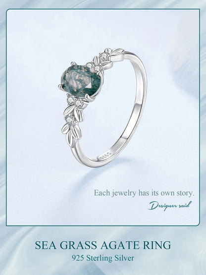 WOSTU Natural Moss Agate Ring For Women  925 Sterling Silver Oval Cut Sea Grass Agate Flower Rings Wedding Party Jewelry Gift