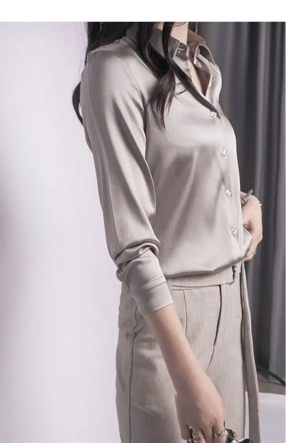 Spring Summer Casual Women's Satin Shirt Lapel Long Sleeve Blouse Loose Solid Color Office Lady Fashion Shirts Top