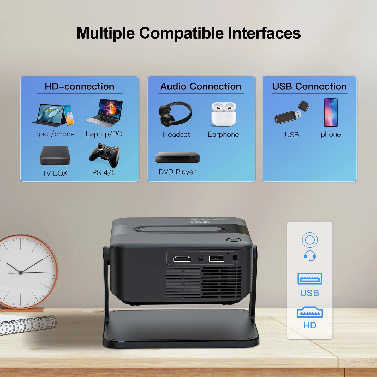 Salange HA109 Mini Projector Android11 WiFi6 BT5.0 280 ANSI 720P Built-in App Mirror SmartPhone for 1080P 4K Video Home Cinema