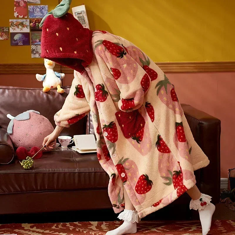 2024 Winter Pajamas For Women Cartoon Hooded Long Robe Strawberry Jacket Cute Home Wear Sleepwear Kawaii Flannel Warm Bathrobe - AMULET RING STORE